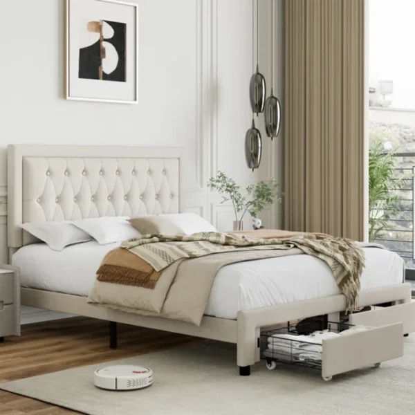 Sable Storage Bed in Light Beige – Upholstered Bed with Pull-Out Storage Drawers Sable Storage Bed in Light Beige – Upholstered Bed with Pull-Out Storage Drawers