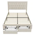 Sable Storage Bed Frame in Light Beige – Upholstered Bed with Open Storage Drawers and Wooden Slats