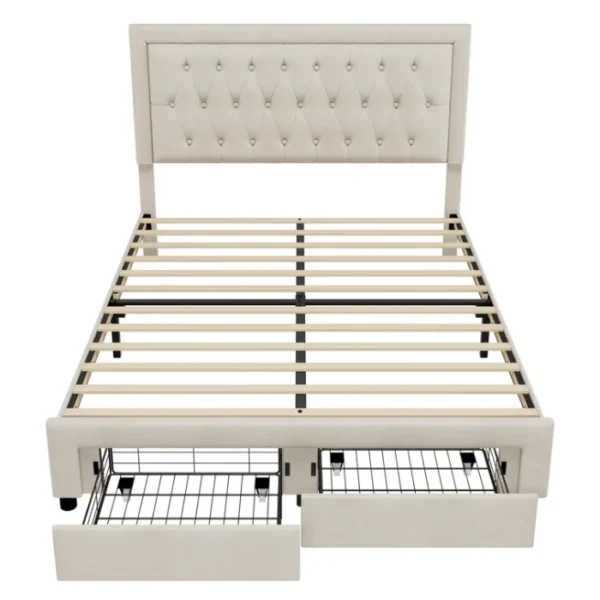 Sable Storage Bed Frame in Light Beige – Upholstered Bed with Open Storage Drawers and Wooden Slats Sable Storage Bed Frame in Light Beige – Upholstered Bed with Open Storage Drawers and Wooden Slats