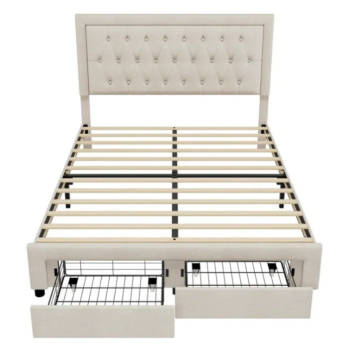 Sable Storage Bed Frame in Light Beige – Upholstered Bed with Open Storage Drawers and Wooden Slats