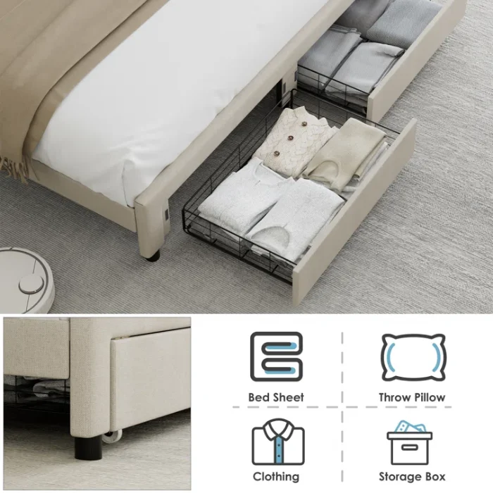 Sable Storage Bed in Light Beige with Spacious Underbed Drawers for Organized Storage of Clothes, Bedding, and Accessories