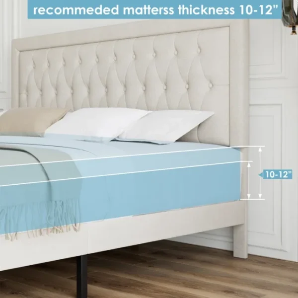 Sable Storage Bed in Light Beige with Tufted Headboard and Recommended 10-12 Inch Mattress Thickness Sable Storage Bed in Light Beige with Tufted Headboard and Recommended 10-12 Inch Mattress Thickness