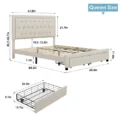 Sable Storage Bed in Light Beige – Queen Size with Dimensions and Drawer Storage Details