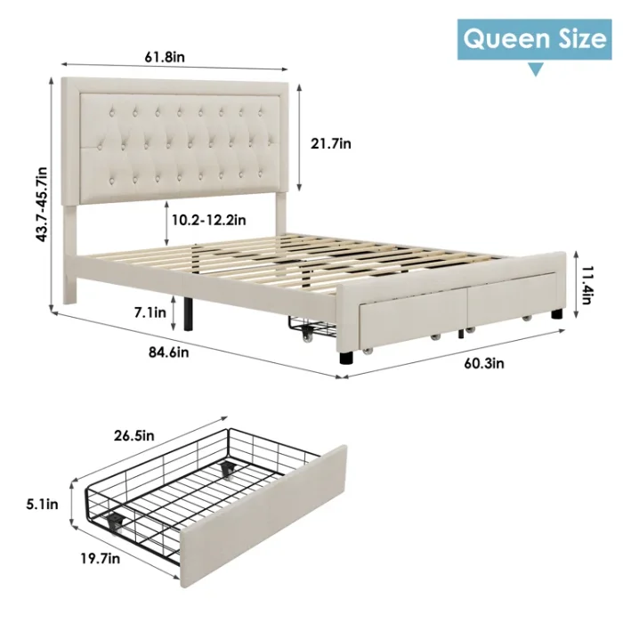 Sable Storage Bed in Light Beige – Queen Size with Dimensions and Drawer Storage Details