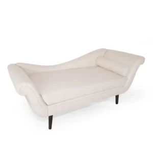 Velancia Chaise Sofa in Beige Polyester Blend with Rolled Arms and Dark Wood Legs Velancia Chaise Sofa in Beige Polyester Blend with Rolled Arms and Dark Wood Legs