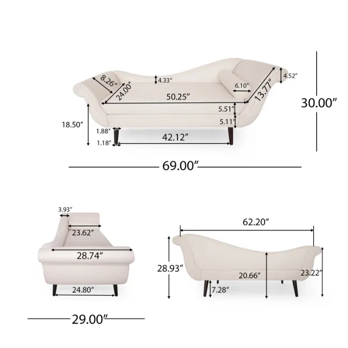 Velancia Chaise Sofa dimensions diagram with detailed measurements in inches