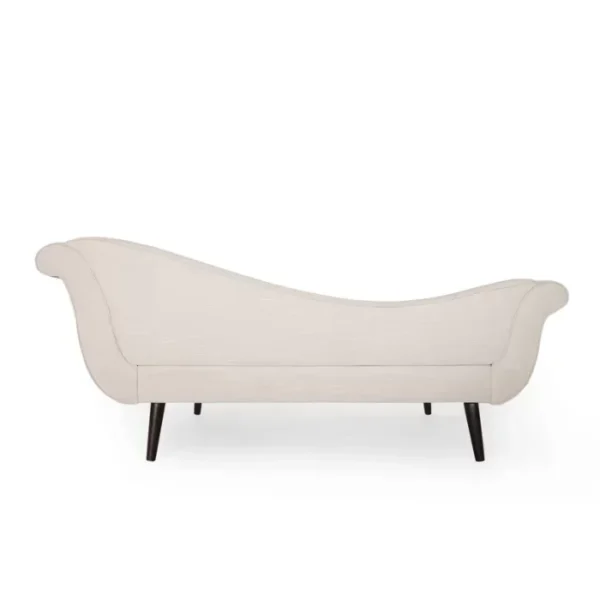 Back view of Velancia Chaise Sofa in beige upholstery with curved design and wooden legs Back view of Velancia Chaise Sofa in beige upholstery with curved design and wooden legs