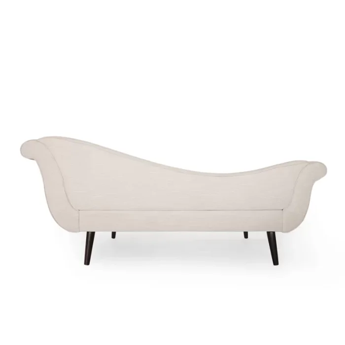 Back view of Velancia Chaise Sofa in beige upholstery with curved design and wooden legs