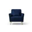 Front view of the Aurello Velvet Chair in navy blue with gold legs and a matching accent pillow.