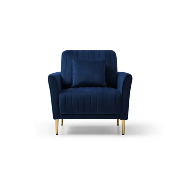 Front view of the Aurello Velvet Chair in navy blue with gold legs and a matching accent pillow. Front view of the Aurello Velvet Chair in navy blue with gold legs and a matching accent pillow.