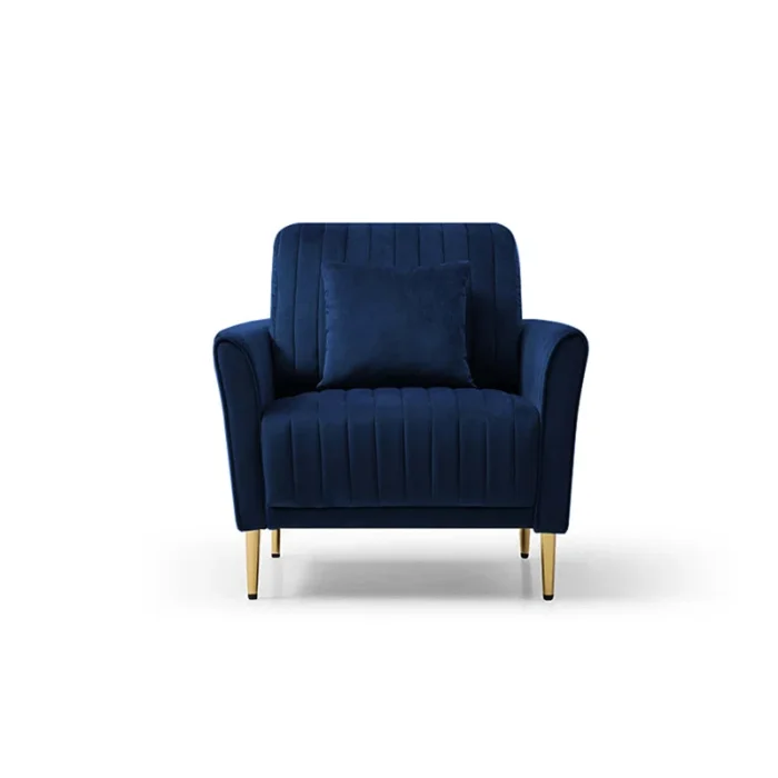 Front view of the Aurello Velvet Chair in navy blue with gold legs and a matching accent pillow.