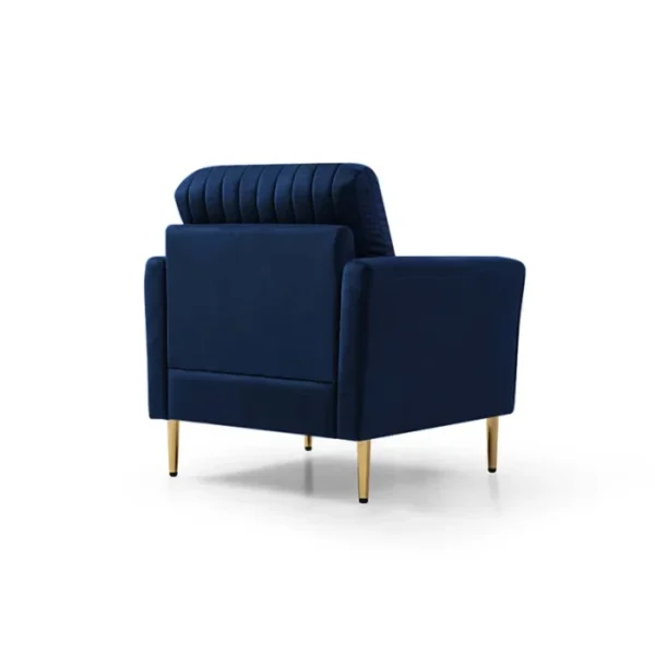 Back view of the Aurello Velvet Chair in navy blue with gold legs, showcasing its elegant design and plush upholstery. Back view of the Aurello Velvet Chair in navy blue with gold legs, showcasing its elegant design and plush upholstery.