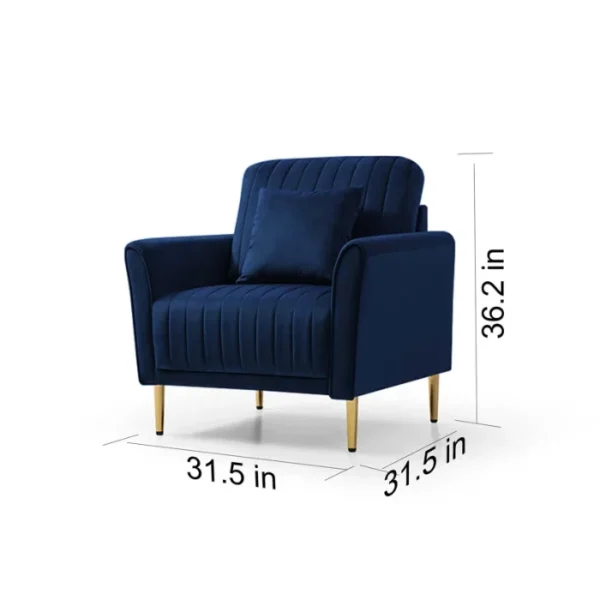 Aurello Velvet Chair in navy blue with gold legs, featuring dimensions of 36.2" H x 31.5" W x 31.5" D. Aurello Velvet Chair in navy blue with gold legs, featuring dimensions of 36.2" H x 31.5" W x 31.5" D.