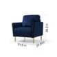 Aurello Velvet Chair in navy blue with gold legs, featuring dimensions of 36.2" H x 31.5" W x 31.5" D.