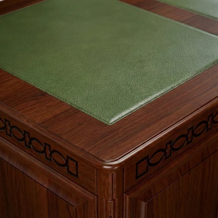 Conte Executive Desk wide view showing full tabletop with three green leather writing panels