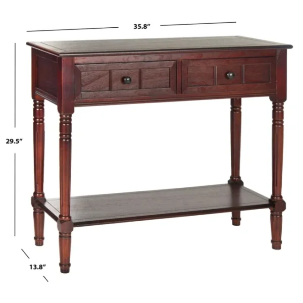 Nishat Wooden Console Table Brown 2 Nishat wooden console table in brown with dimensions labeled – 35.8" wide, 29.5" high, 13.8" deep.