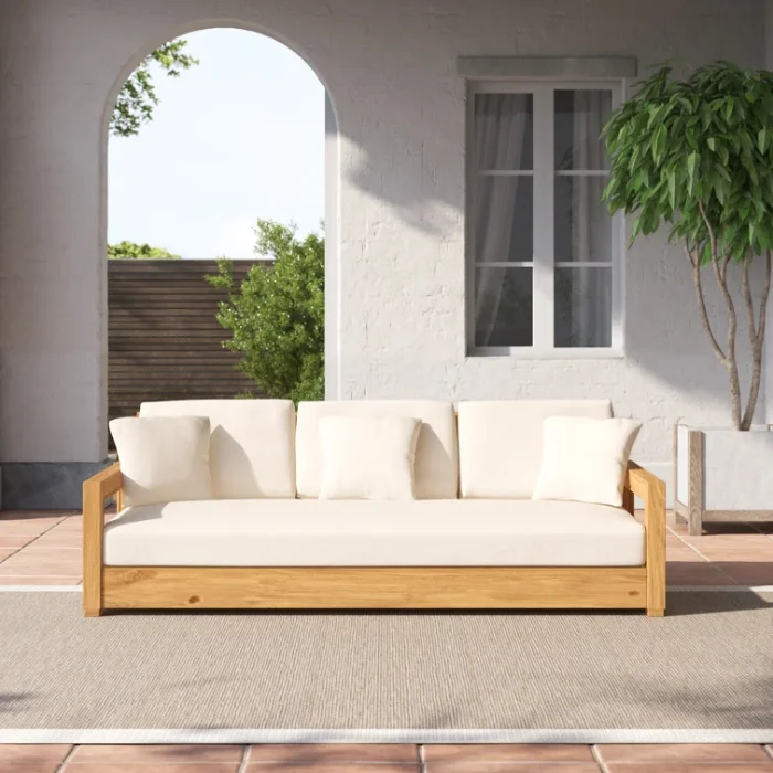 Solterra Teak Outdoor Sofa in Beige – Elegant Patio Seating with Cushions