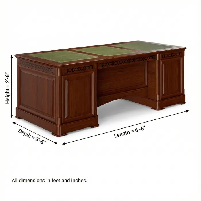 Conte Executive Desk size diagram, 6 ft 6 in length × 3 ft 6 in depth × 2 ft 6 in height