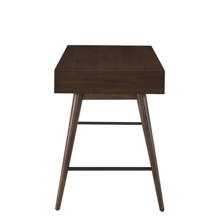 Roco Script 50″ Writer’s Desk in dark wood with a sleek design, featuring a minimalist front and sturdy, angled legs, perfect for modern office setups