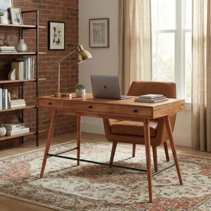 wooden writer desk in a modern room with matching chair