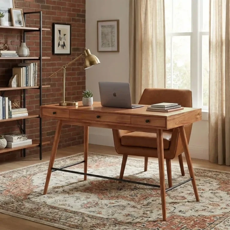 wooden writer desk in a modern room with matching chair