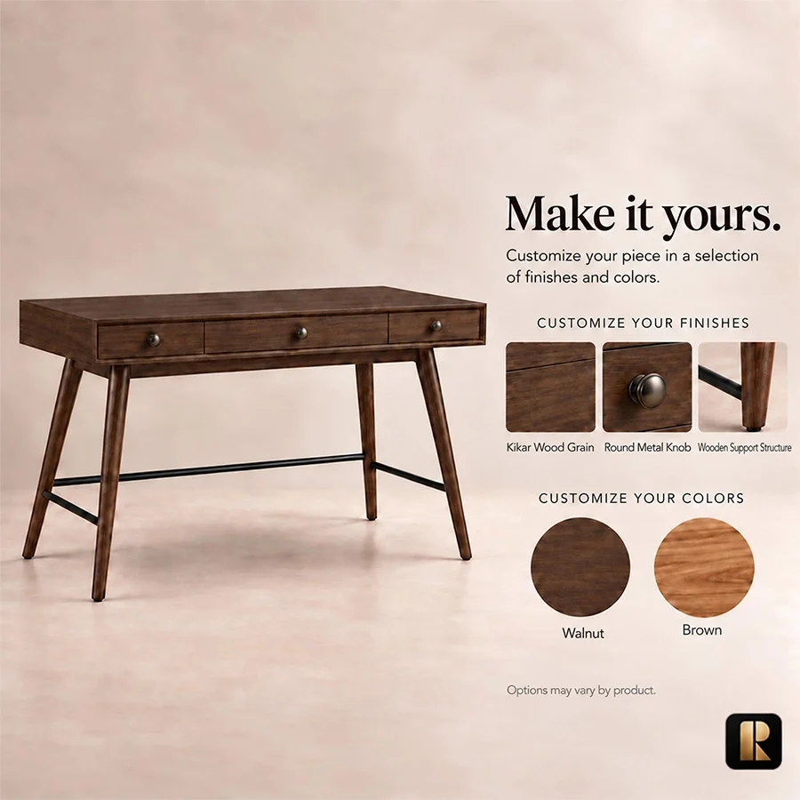 script-trestle-writing-desk-customization-options-view. Script Trestle Writing Desk customization graphic showing finish, hardware and colour options