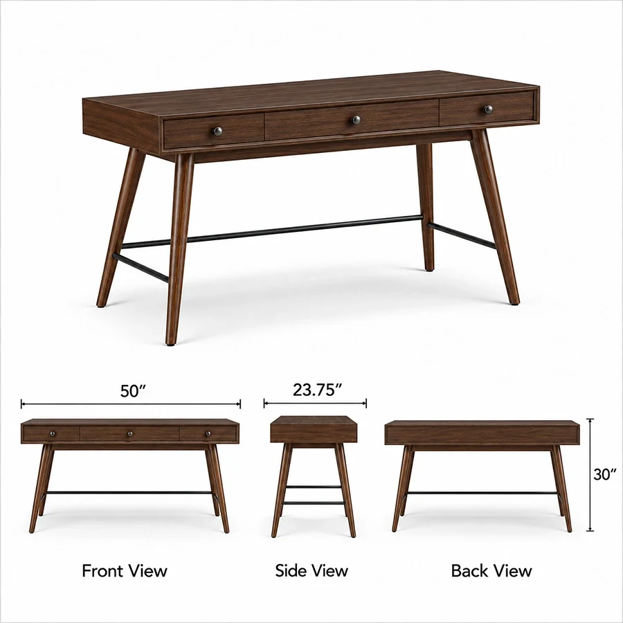 script-trestle-writing-desk-dimensions-view. Script Trestle Writing Desk dimensions showing 50-inch width, 23.75-inch depth and 30-inch height