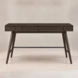 Script Trestle Writing Desk in Walnut finish front view with three slim drawers