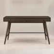 Script Trestle Writing Desk in Walnut finish front view with three slim drawers