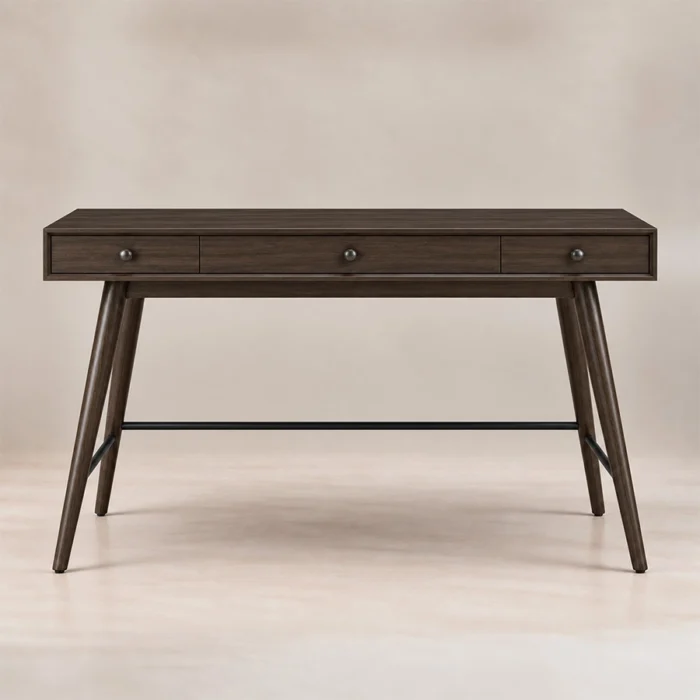 Script Trestle Writing Desk in Walnut finish front view with three slim drawers