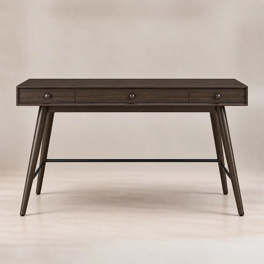 script-trestle-writing-desk-walnut-front-view. Script Trestle Writing Desk in Walnut finish front view with three slim drawers