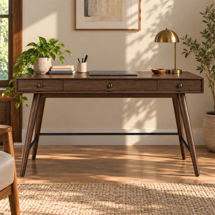 Script Trestle Writing Desk in Walnut finish styled in a warm home office interior