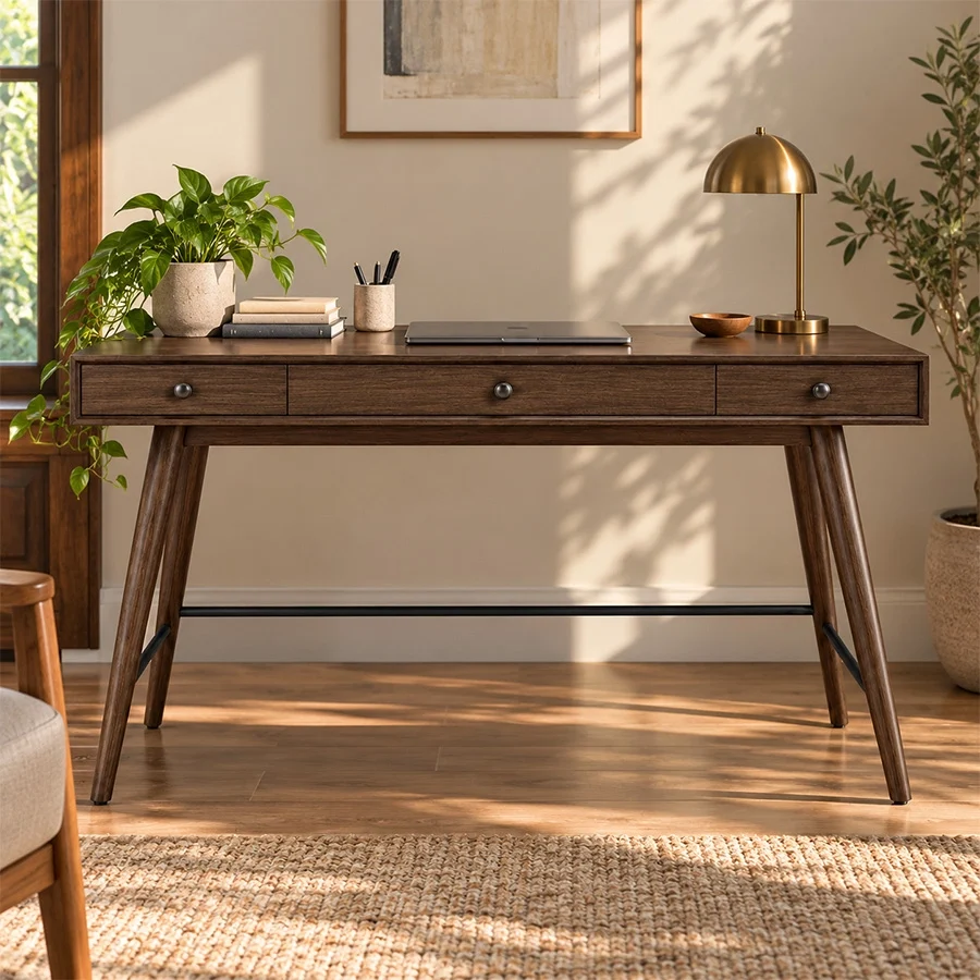 script-trestle-writing-desk-walnut-lifestyle-view. Script Trestle Writing Desk in Walnut finish styled in a warm home office interior