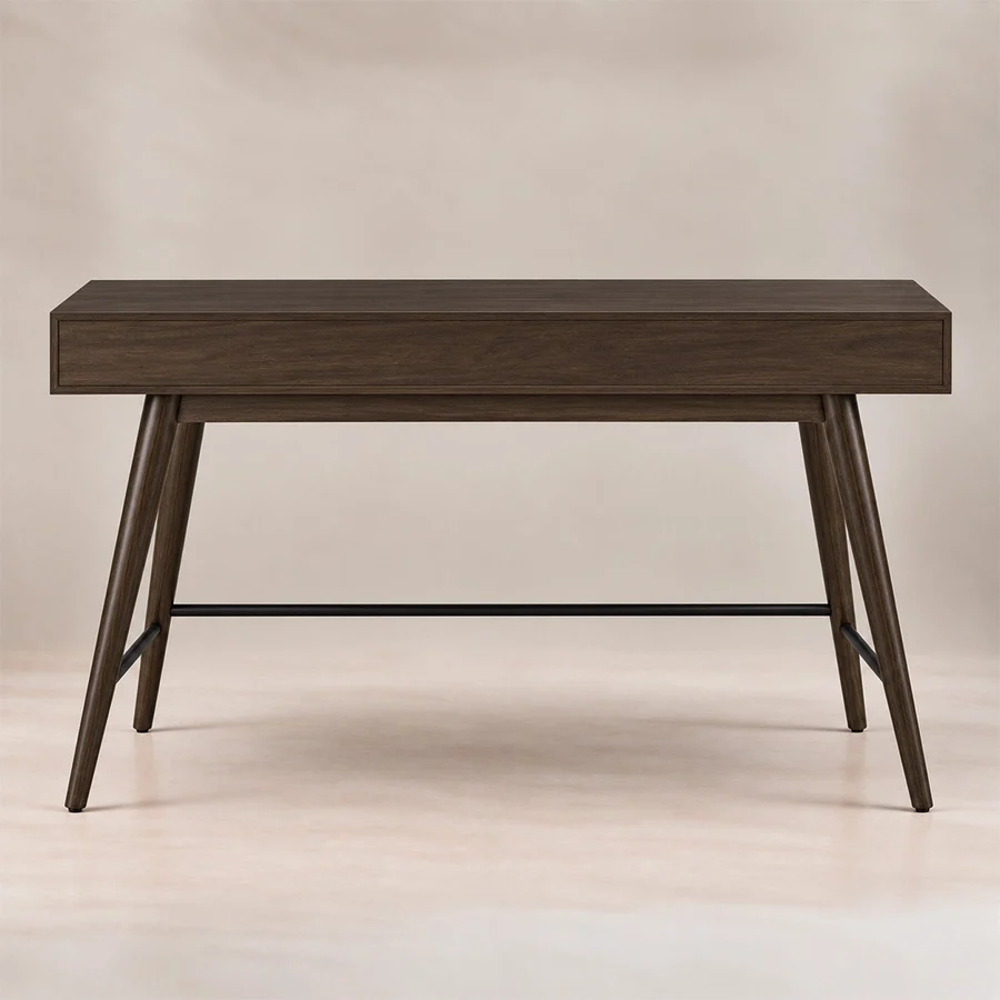script-trestle-writing-desk-walnut-rear-view. Rear view of Script Trestle Writing Desk in Walnut finish with splayed wooden legs