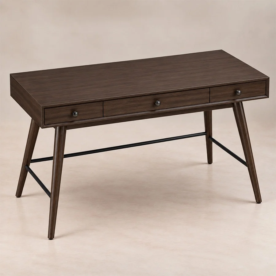 script-trestle-writing-desk-walnut-top-angle-view. Elevated angle view of Script Trestle Writing Desk in Walnut finish showing the spacious work surface