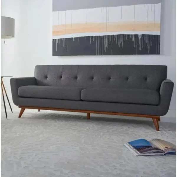 Allure Upholstered Comfort Sofa gray 2 Allure Upholstered Comfort Sofa in gray, featuring a sleek mid-century modern design with tufted cushions and wooden legs, perfect for adding style and comfort to any living room