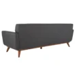 Back view of the Allure Upholstered Comfort Sofa in gray, showcasing its clean lines, modern design, and wooden tapered legs for a stylish and contemporary look.
