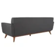Back view of the Allure Upholstered Comfort Sofa in gray, showcasing its clean lines, modern design, and wooden tapered legs for a stylish and contemporary look.