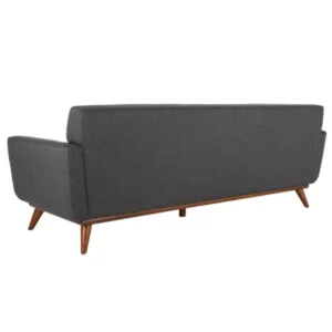 Back view of the Allure Upholstered Comfort Sofa in gray, showcasing its clean lines, modern design, and wooden tapered legs for a stylish and contemporary look.