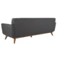 Back view of the Allure Upholstered Comfort Sofa in gray, showcasing its clean lines, modern design, and wooden tapered legs for a stylish and contemporary look.