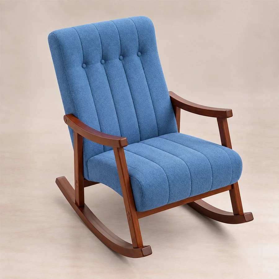 Elevated angled view of blue Aristo Rocking Chair showing channel-tufted seat and high back