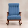 Aristo Rocking Chair in blue upholstery with vertical channel tufting and wooden rocker frame, front view