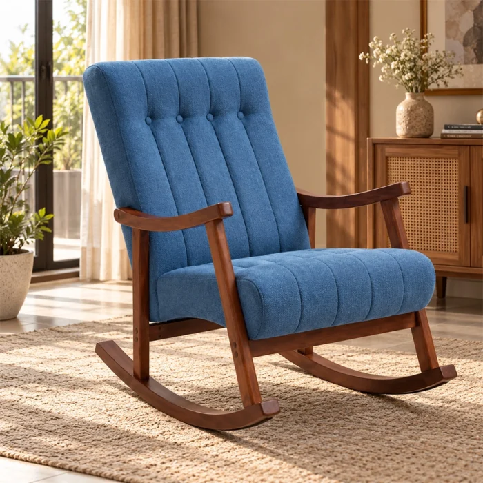 Blue Aristo Rocking Chair styled in a warm living room with wooden arms and curved rocker base