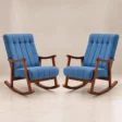 Pair of blue Aristo Rocking Chairs with tufted upholstery and curved wooden rocker bases