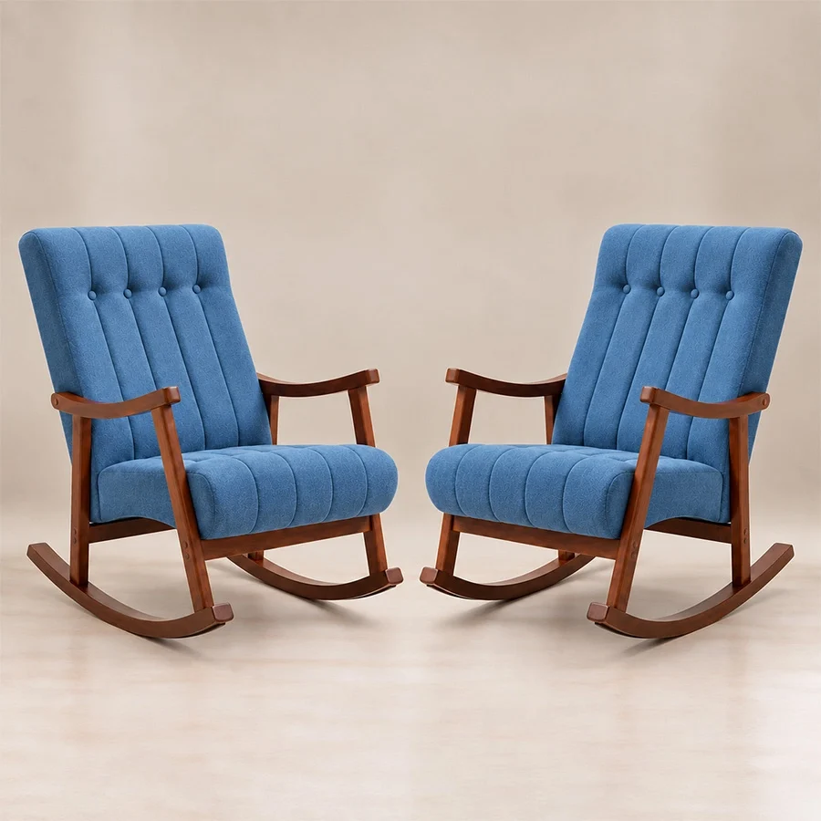 Pair of blue Aristo Rocking Chairs with tufted upholstery and curved wooden rocker bases