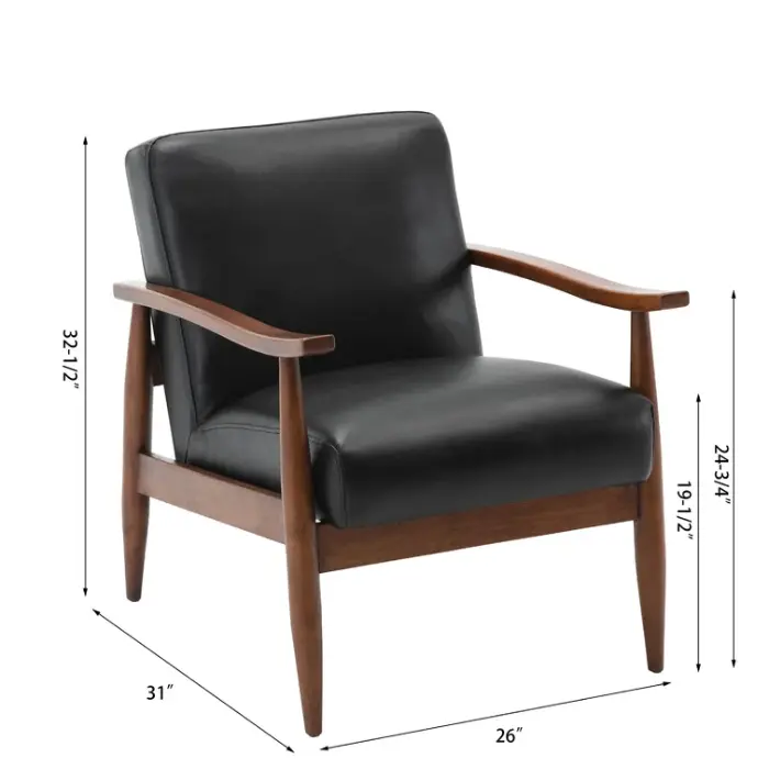 Monarch Leather Armchair – Black Faux Leather with Solid Wood Frame and Dimensions Marked