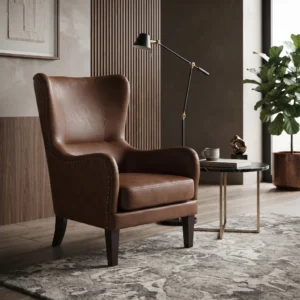 Brown leather wingback armchair in a modern living room with a side table, floor lamp, patterned rug, and indoor plant.