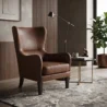 Brown leather wingback armchair in a modern living room with a side table, floor lamp, patterned rug, and indoor plant.
