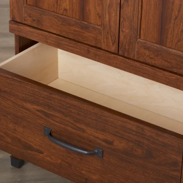 Cherry Forge Wardrobe 1 Open drawer of Cherry Forge Wardrobe showing interior storage and dark metal handle.