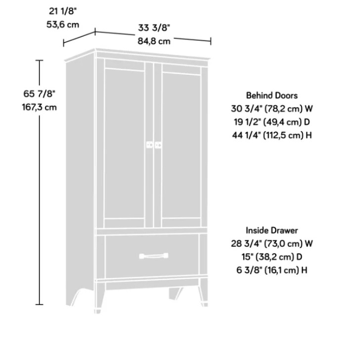 Dimension diagram of Cherry Forge Wardrobe showing overall height, width, depth, and internal storage measurements